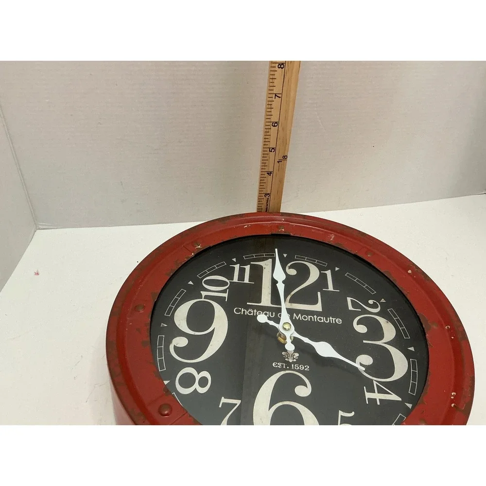 Chateau de Montautre Wall Clock Distressed Red Metal Industrial Farmhouse 12in